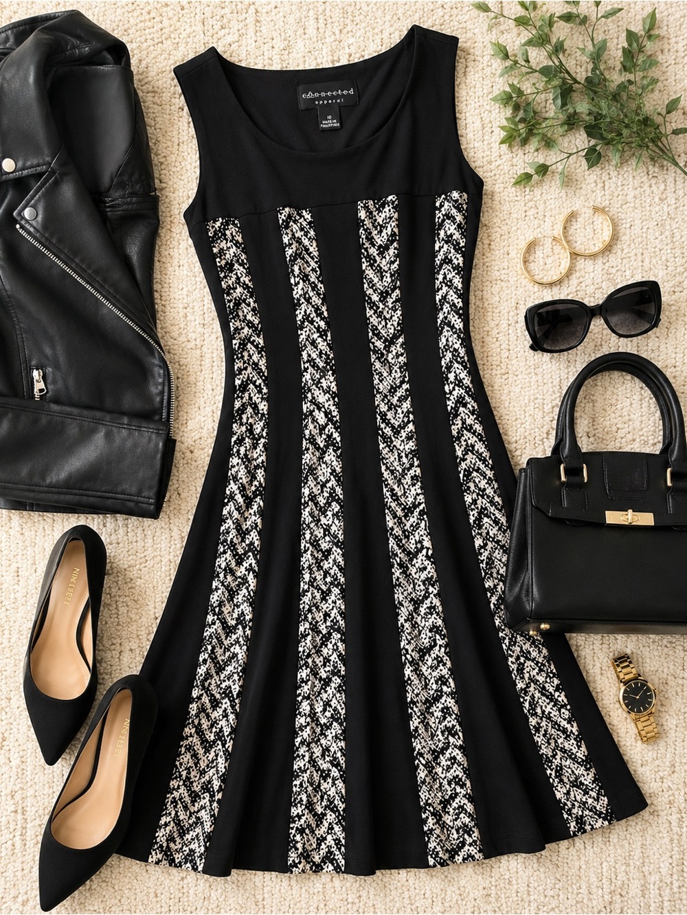Connected Apparel Black Fit & Flare Dress Snake Print Panel Size 10